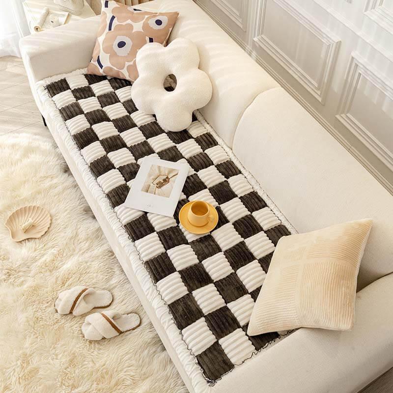 Cream-colored Large Plaid Square Fuzzy Pet Dog Mat Bed Couch Cover - RexStore 