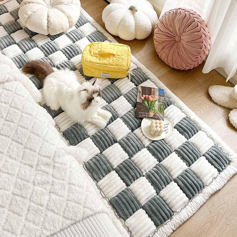 Cream-colored Large Plaid Square Fuzzy Pet Dog Mat Bed Couch Cover - RexStore 